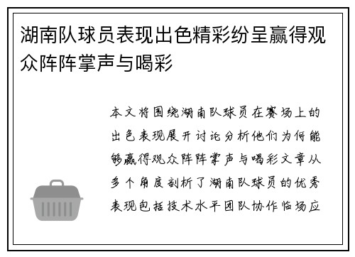 湖南队球员表现出色精彩纷呈赢得观众阵阵掌声与喝彩