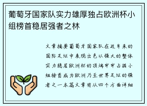 葡萄牙国家队实力雄厚独占欧洲杯小组榜首稳居强者之林