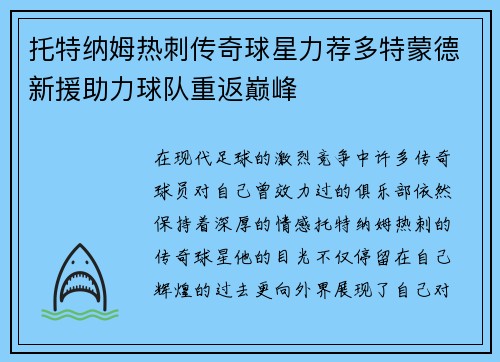 托特纳姆热刺传奇球星力荐多特蒙德新援助力球队重返巅峰